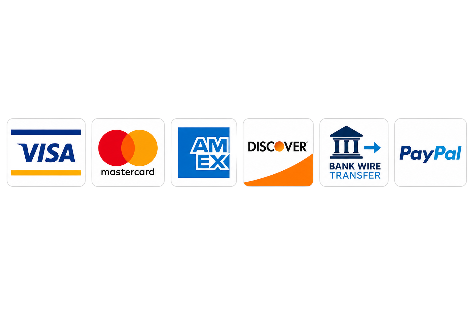 Accepted payments: Visa, Mastercard, American Express, Discover, Bank Wire Transfer, PayPal